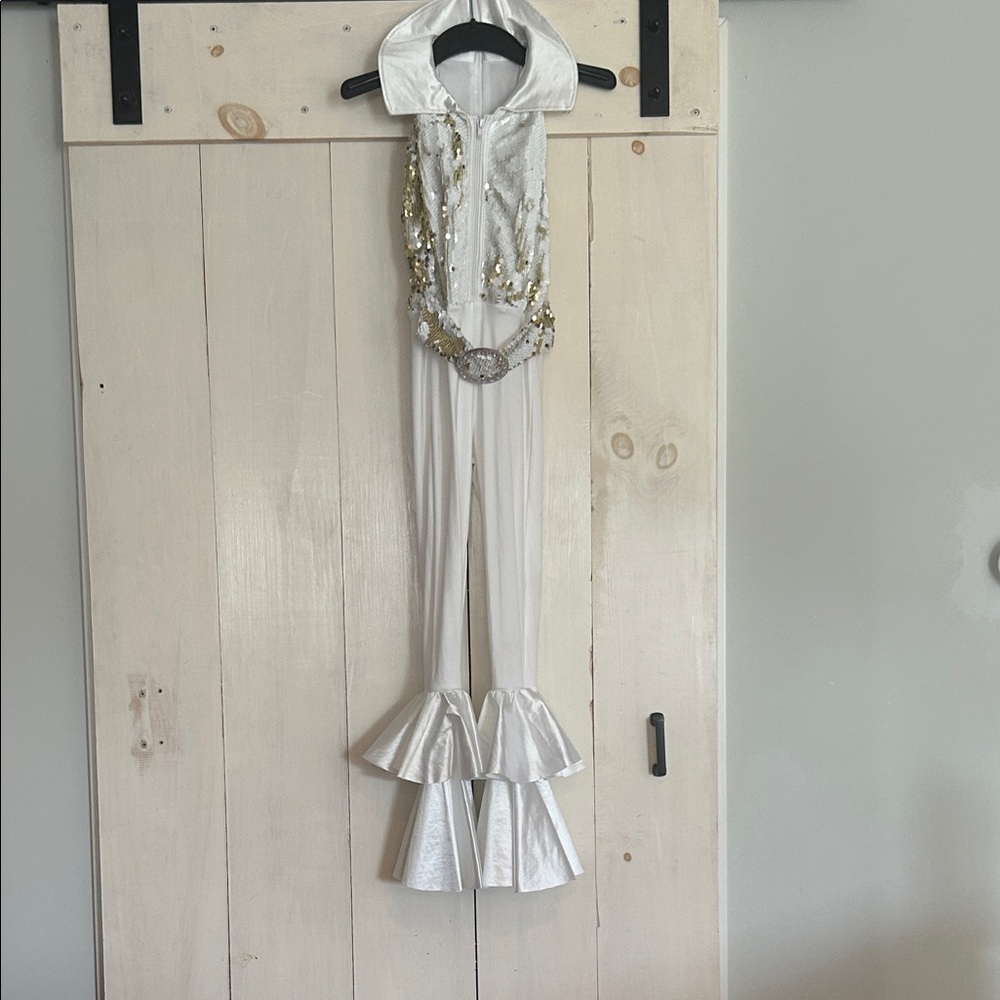 White Sequin Jumpsuit with Ruffle Hem